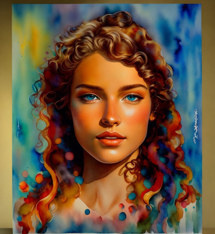 Colorful digital portrait of a woman with curly hair and blue eyes