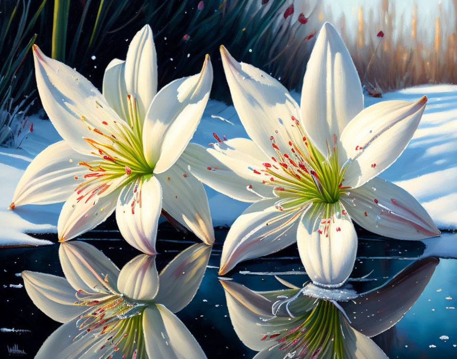 White Lilies with Speckled Petals on Water Surface with Snowy Background