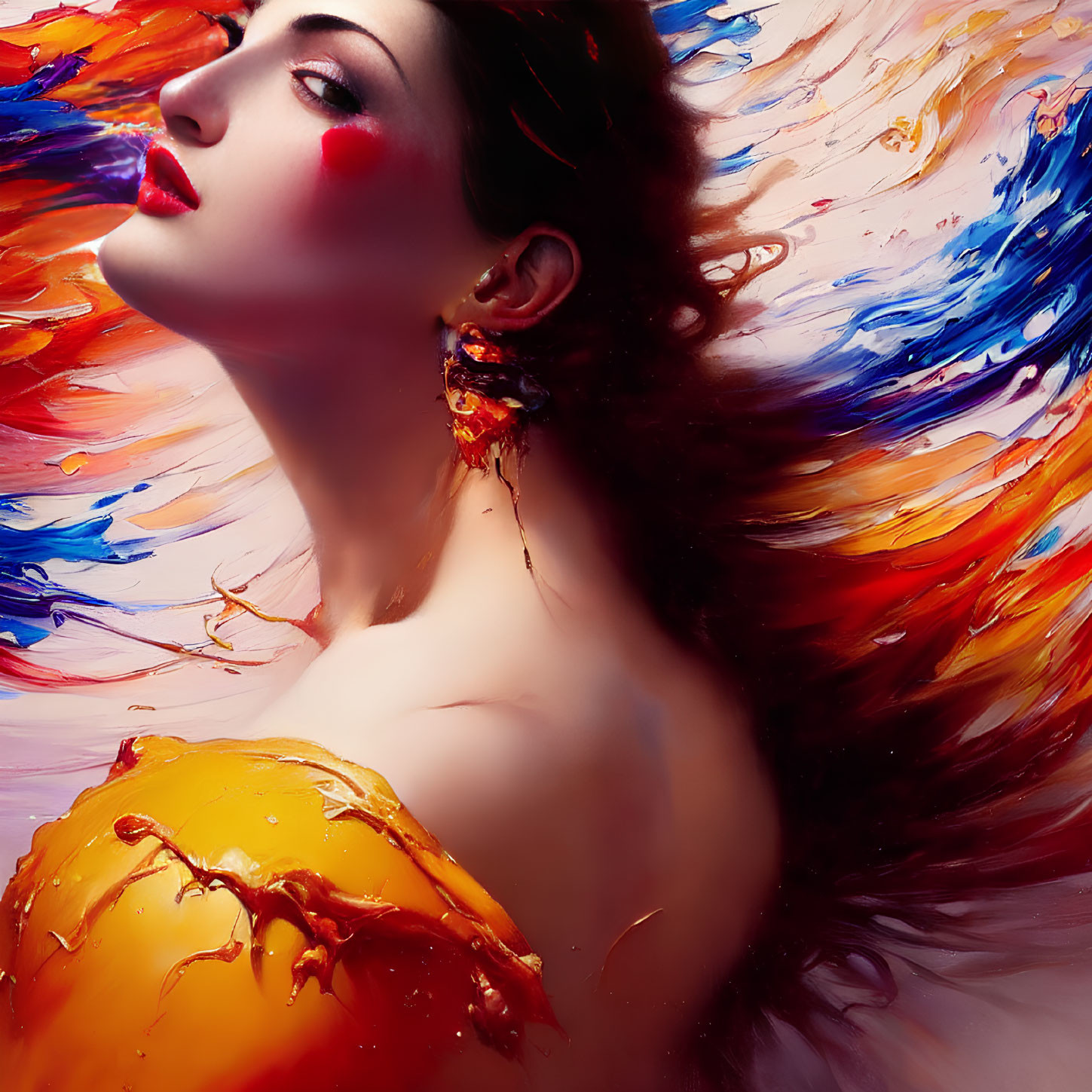 Colorful woman with vibrant red makeup and flowing paint strokes