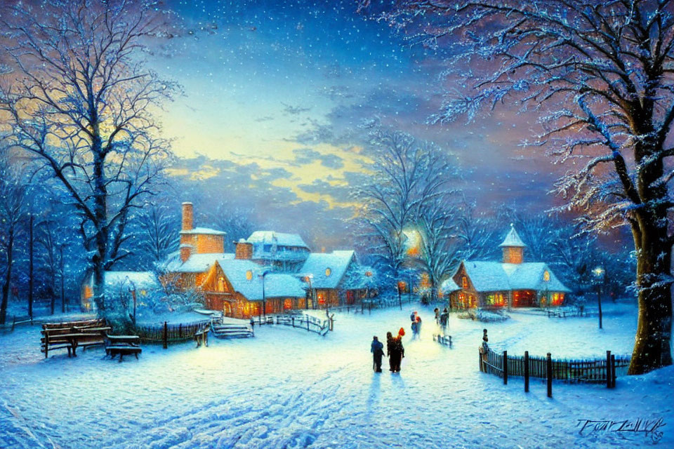 Snow-covered village at twilight with warmly lit cottages and serene blue sky