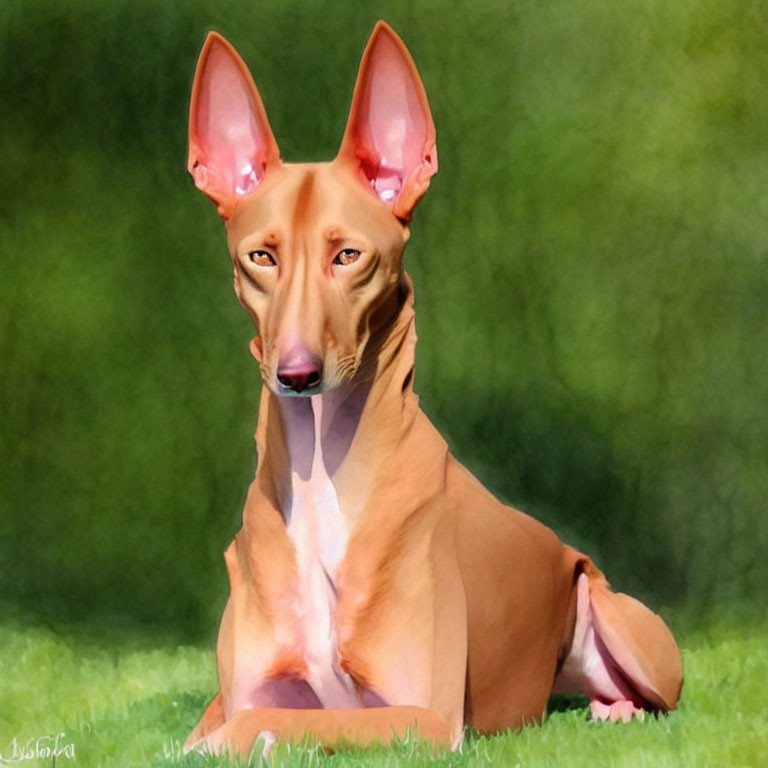 Brown Pointy-Eared Dog Sitting on Grass with Blurred Green Background