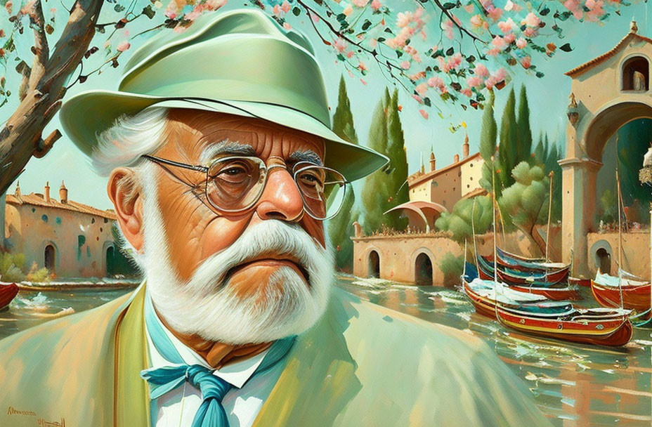 Elderly Gentleman in Green Suit and Hat Among Blossoming Trees and Boats