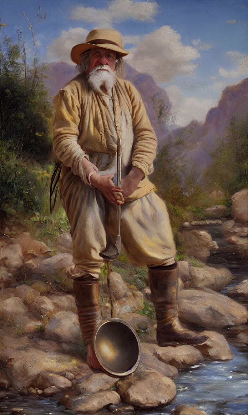 Aged prospector in wide-brimmed hat panning in stream amidst rocky landscape