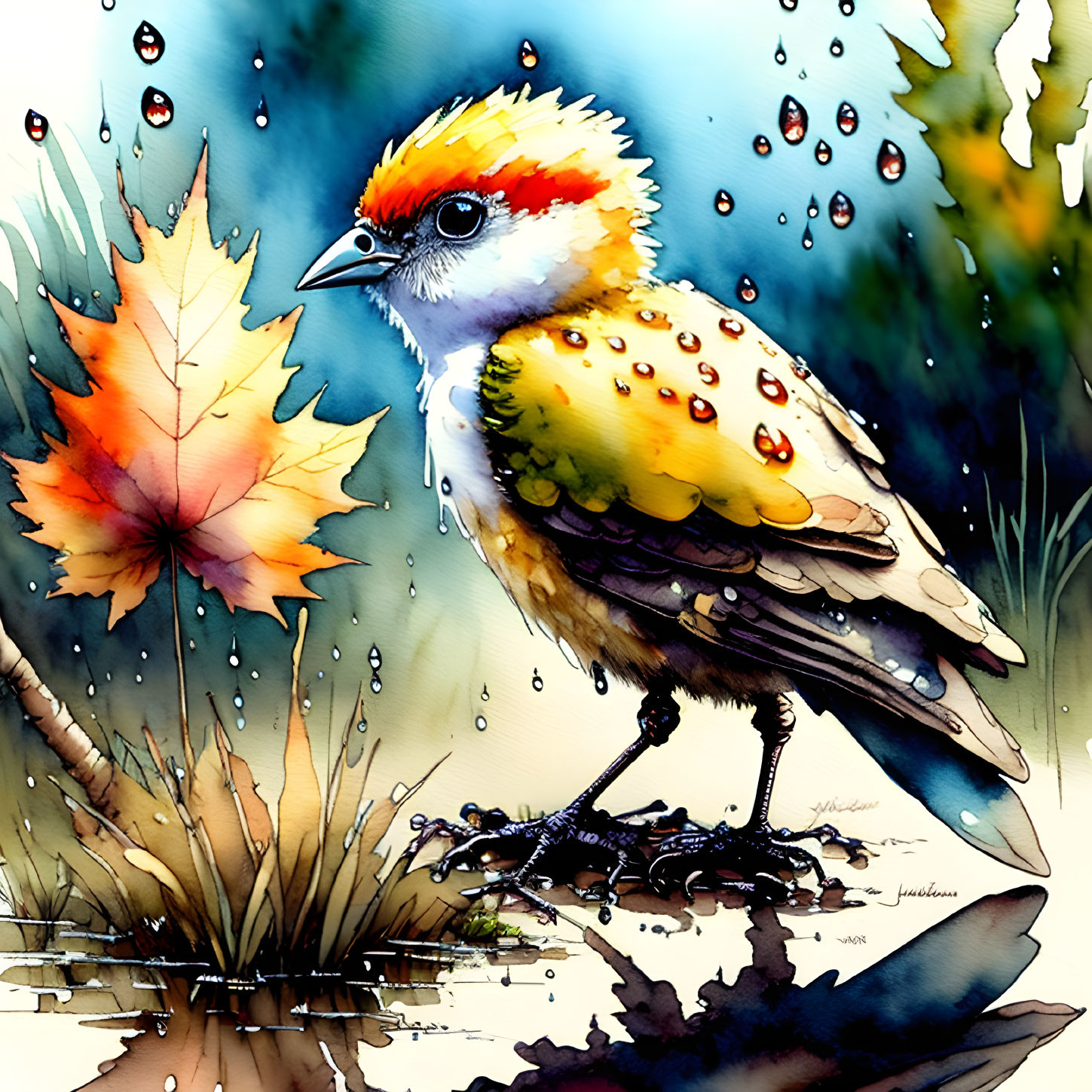 Colorful watercolor bird painting with raindrops and autumn leaf