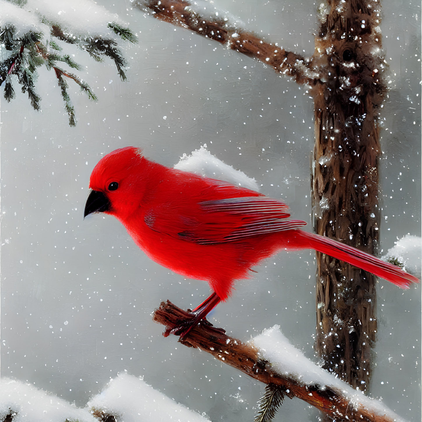 Red cardinal on snowy branch with falling snowflakes and pine needles