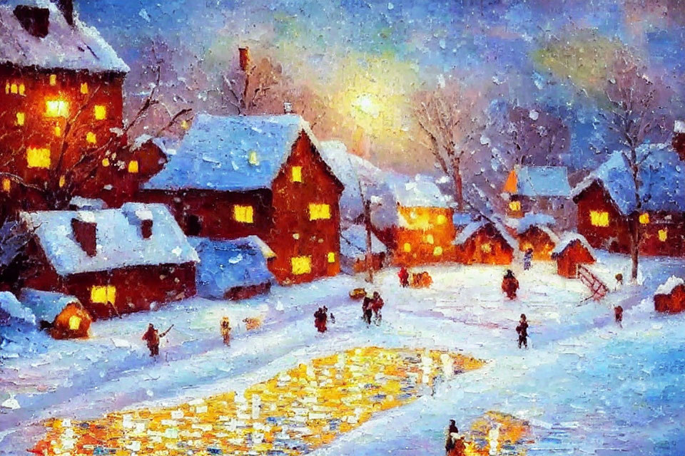 Vibrant snowy village painting at dusk with glowing windows & starry sky