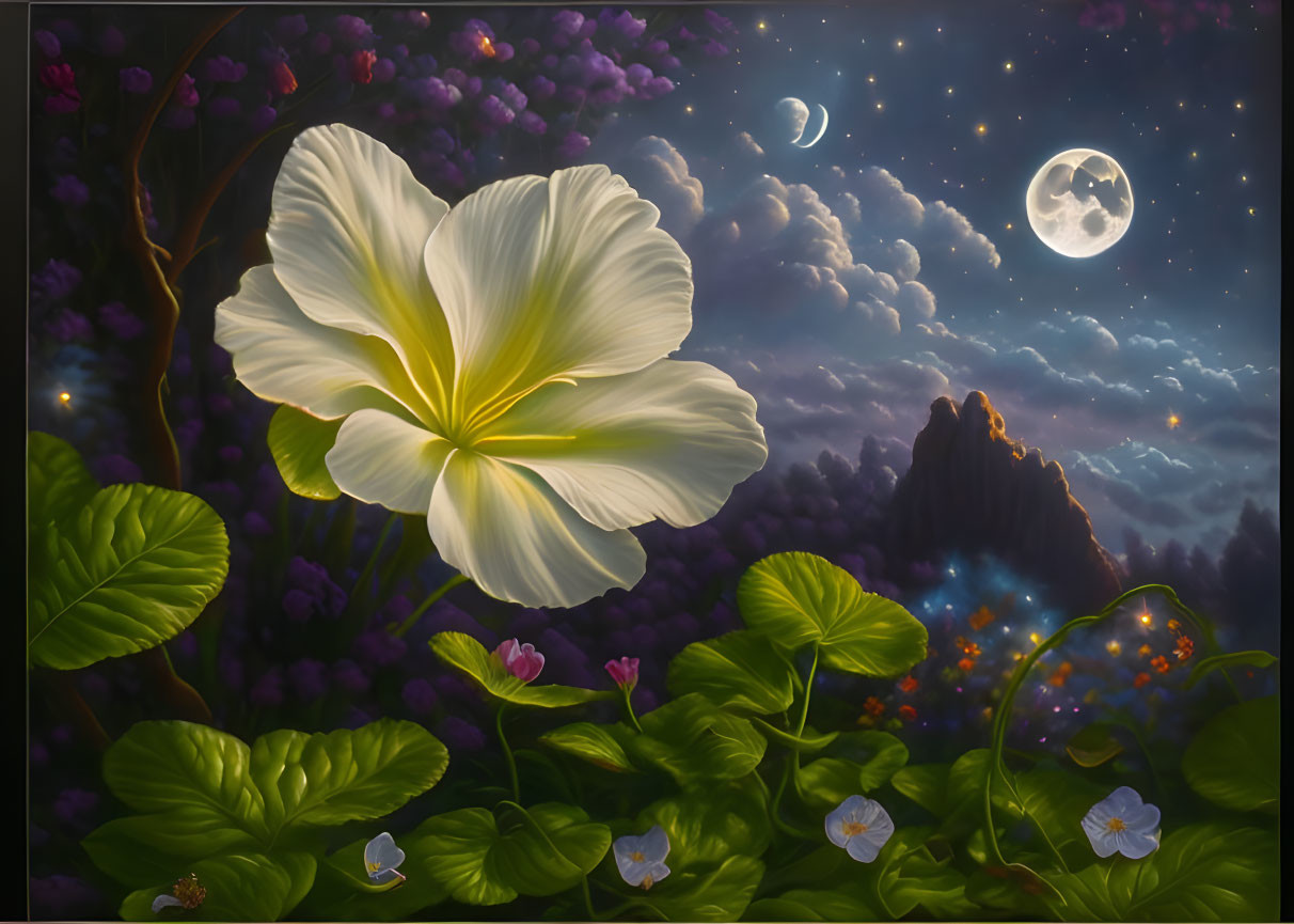 Luminous white flower in night sky with moon and stars