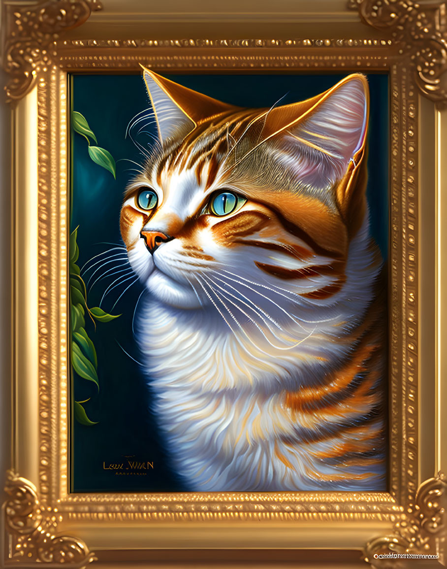 Illustration of orange and white cat with green eyes in golden vine frame