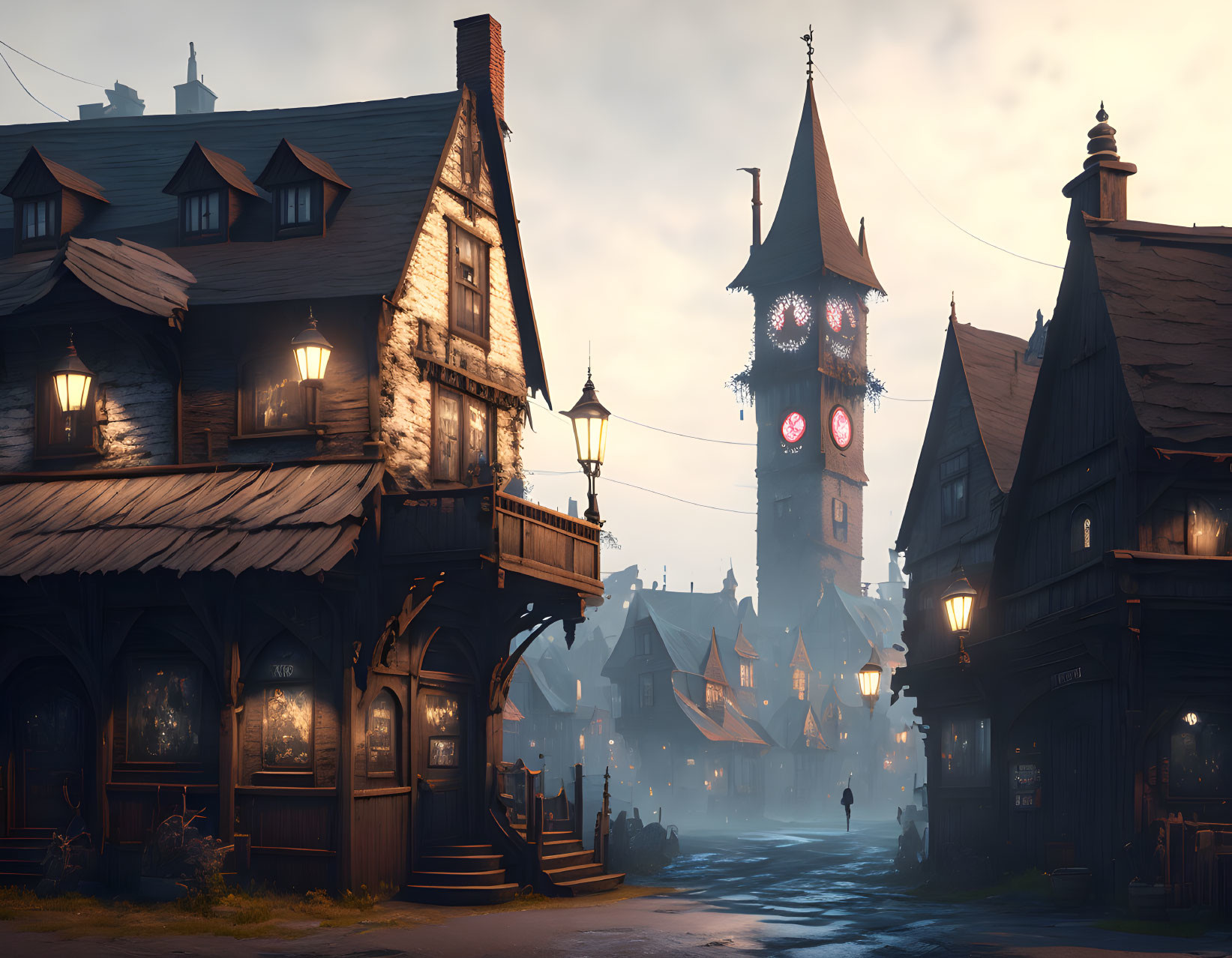 Twilight village with old-fashioned houses and foggy streets