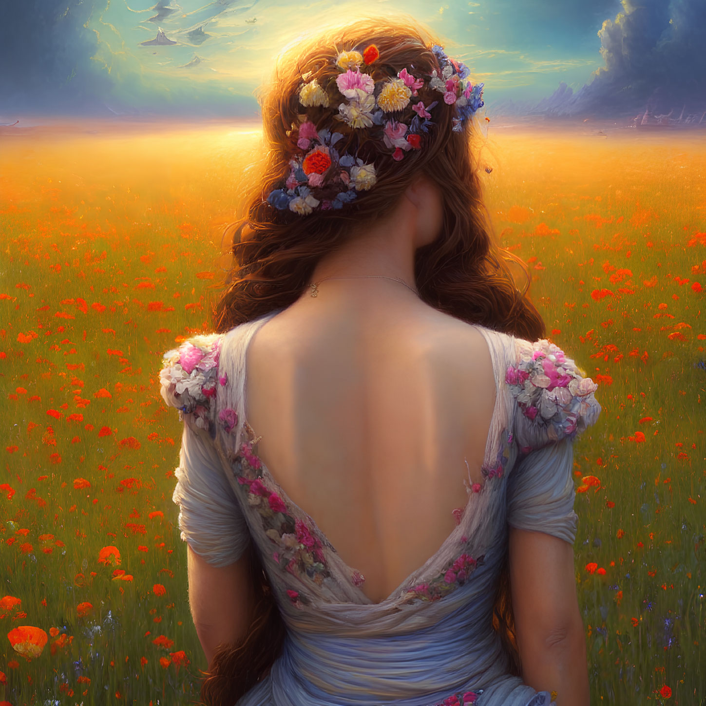 Woman in flower crown admiring poppy field at sunset