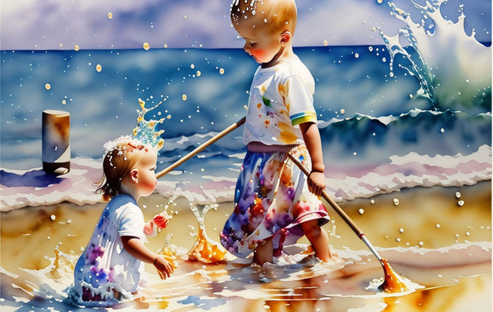 Vibrant seaside scene: children playing with water and stick