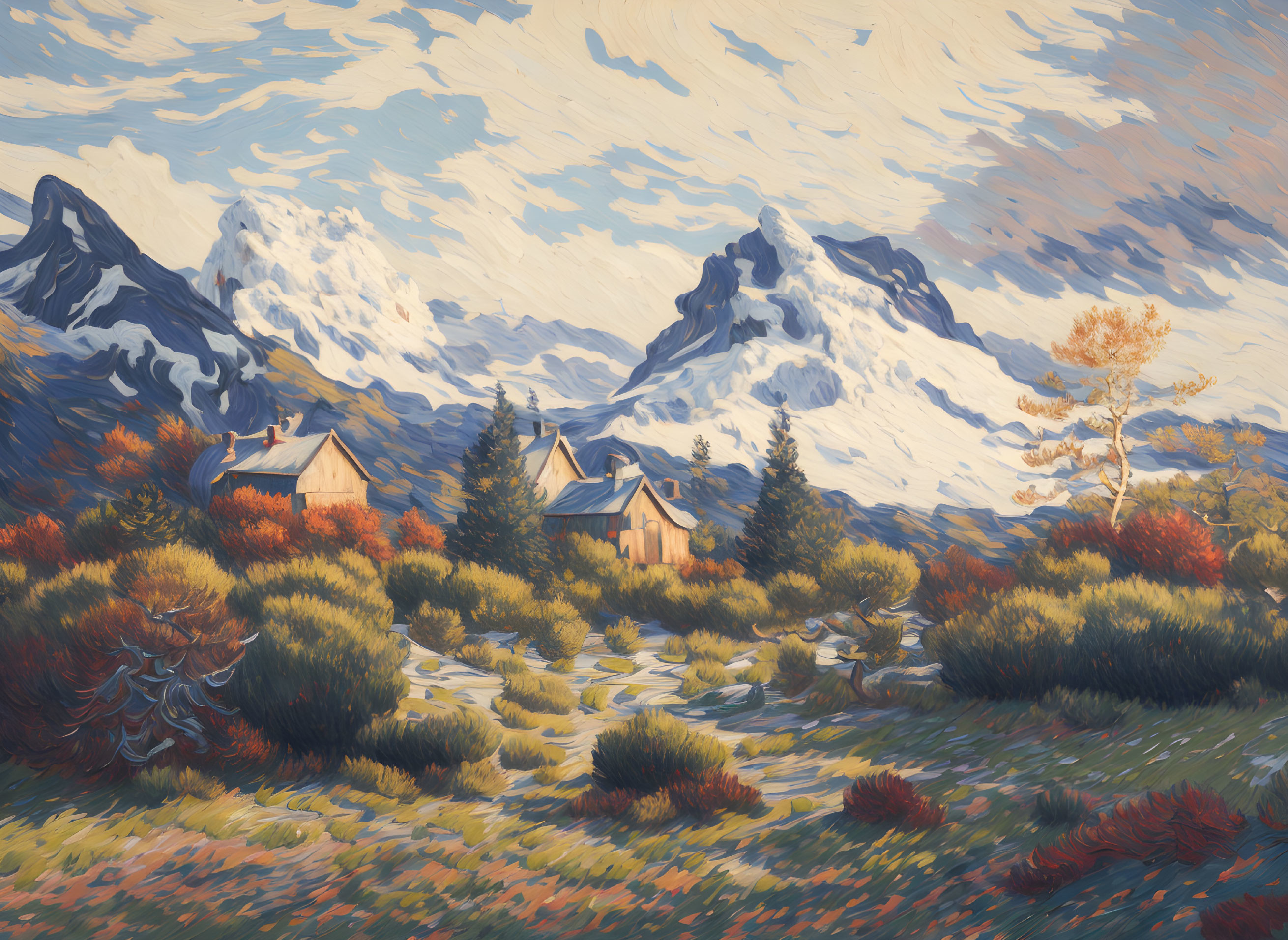 Rustic Houses Among Autumn Trees and Snowy Mountains