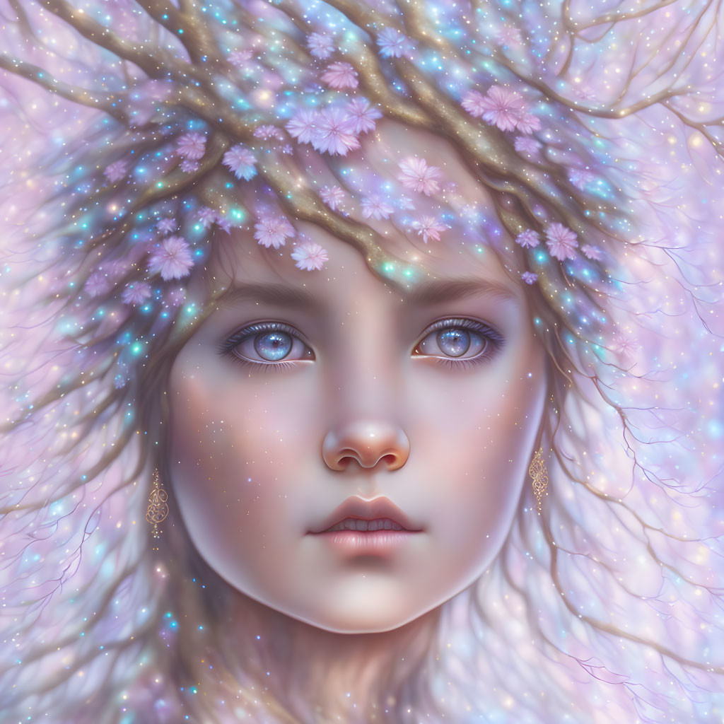 Young girl portrait with pink blossoms in hair and galaxy eyes