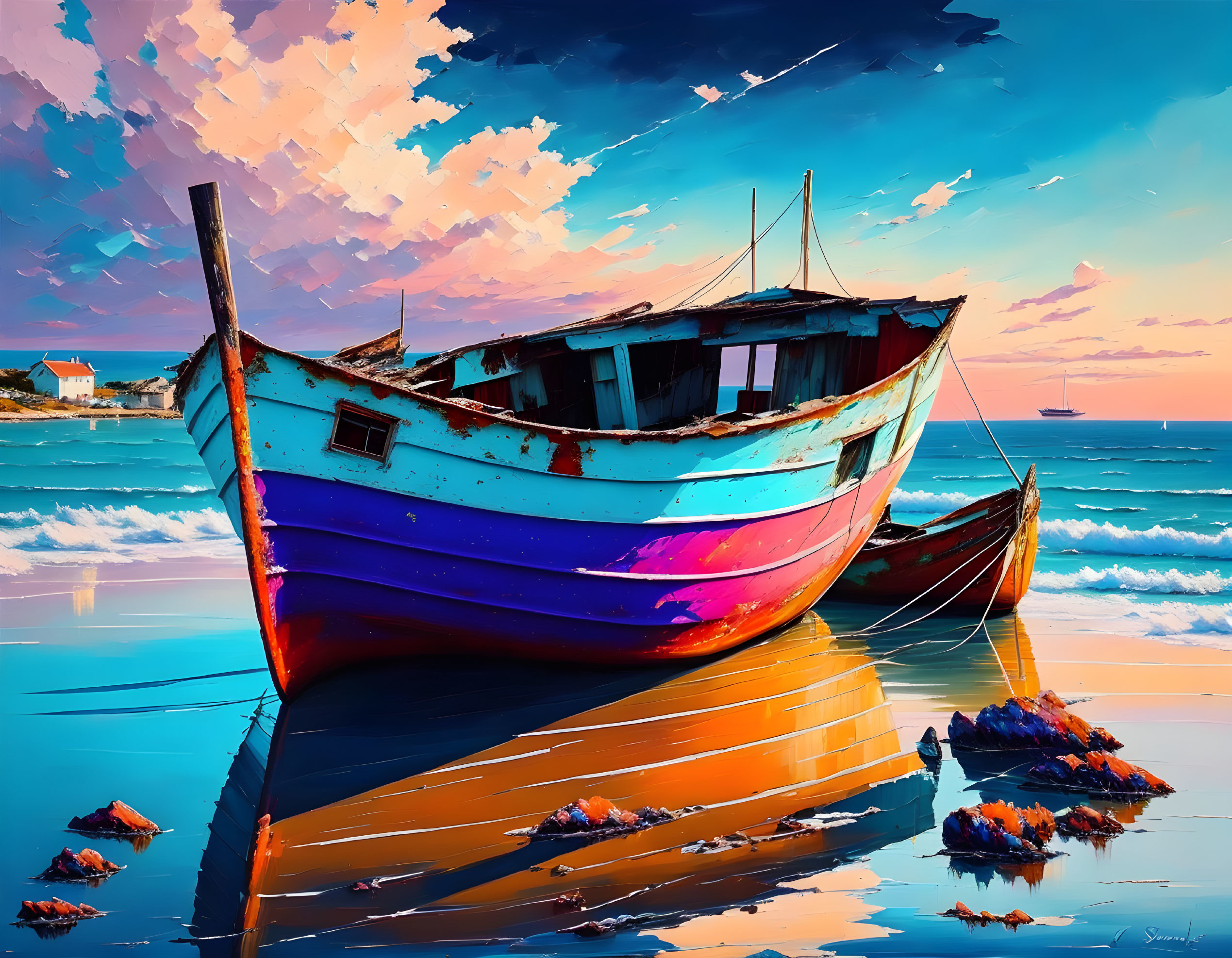 Colorful Digital Art: Beached Boats Under Vibrant Sky