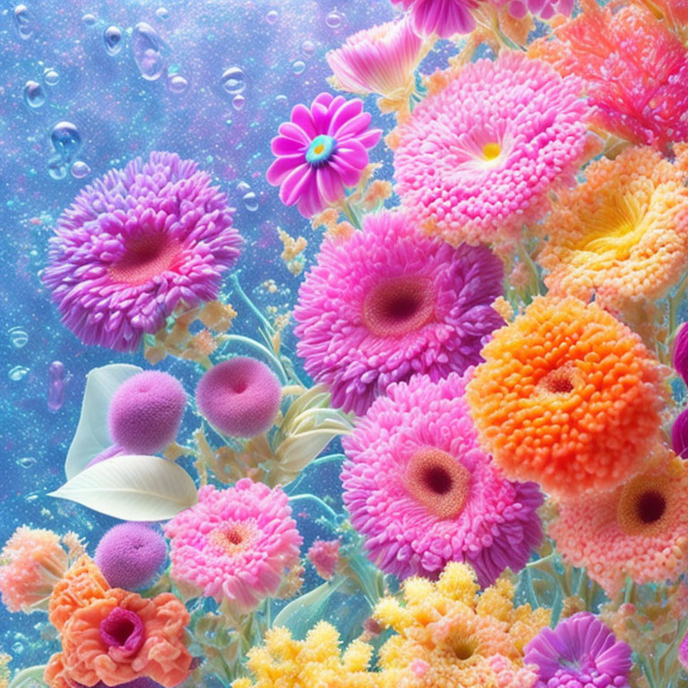 Colorful Flowers and Bubbles in Submerged Water Scene