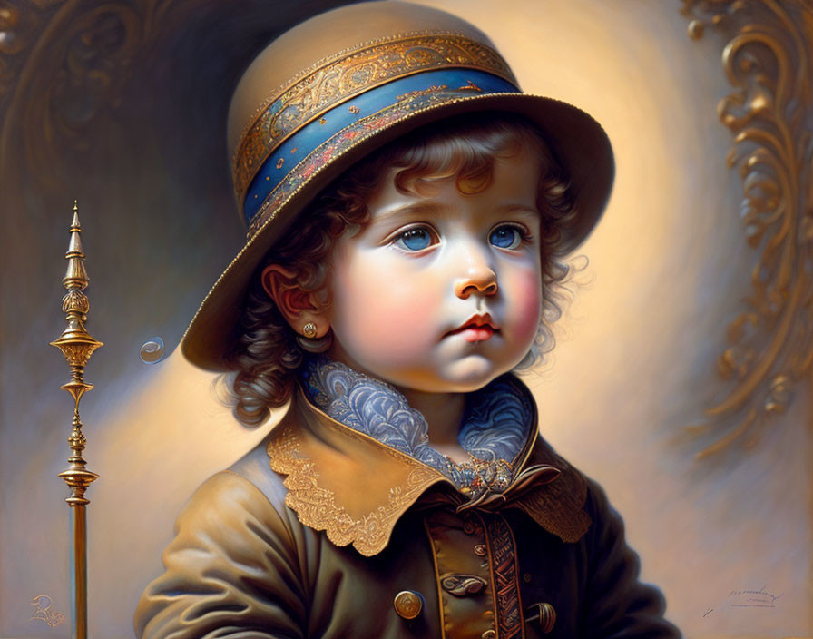 Young child with blue eyes and curly hair in vintage outfit and hat.