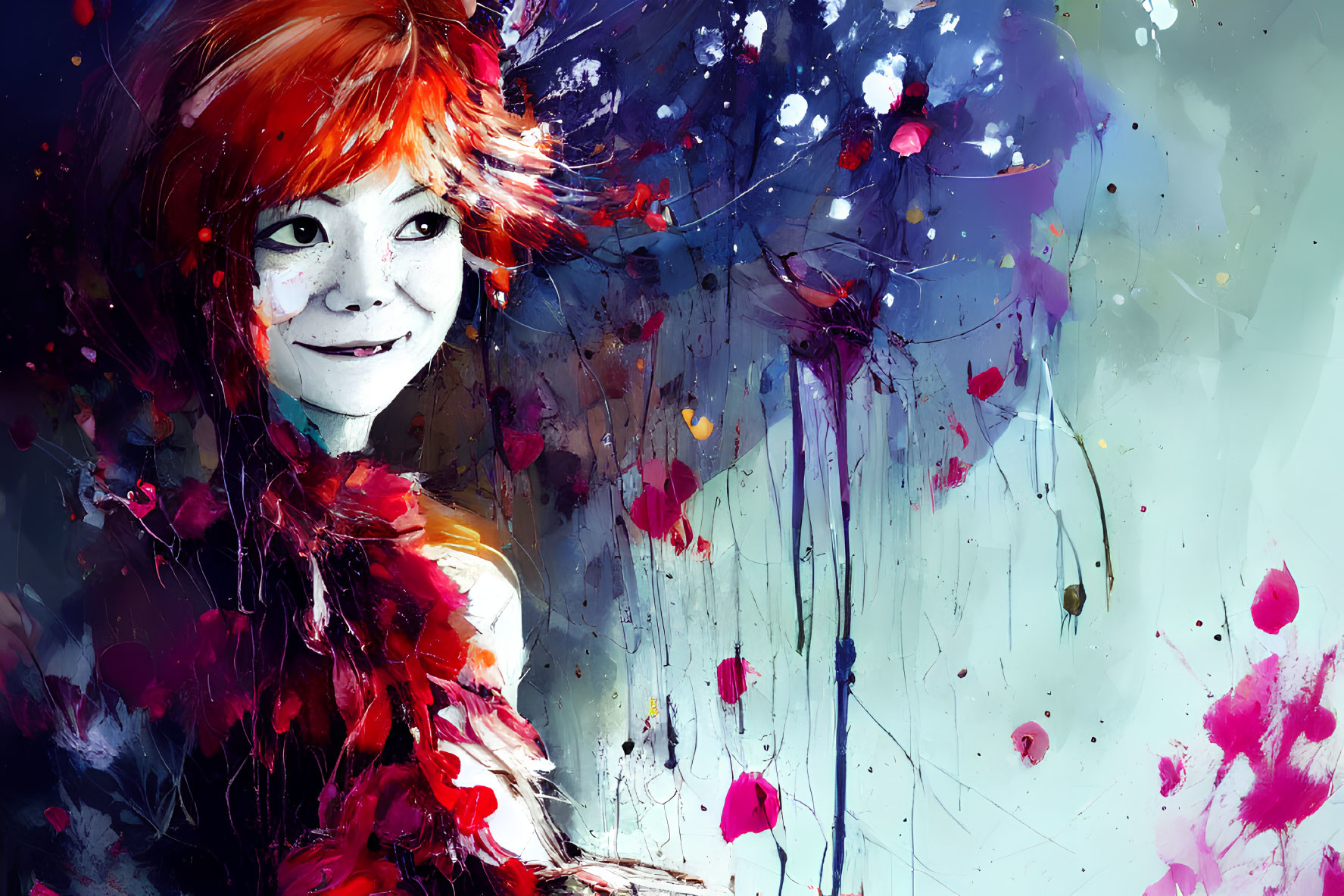 Colorful digital artwork: Smiling red-haired girl in vibrant blues and reds