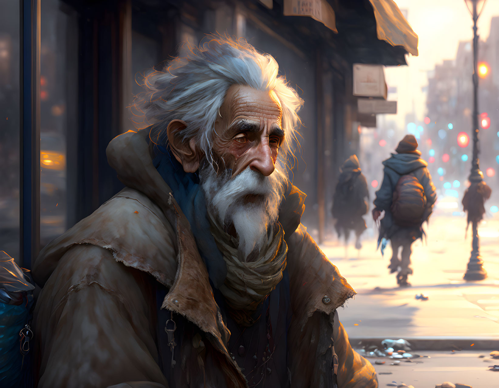 Elderly bearded man on city street at dusk with pedestrians and street lights