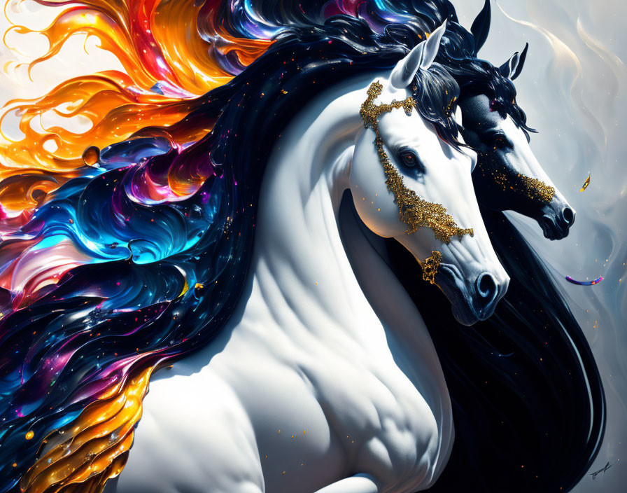 Majestic horse with cosmic mane and golden bridle in vibrant hues