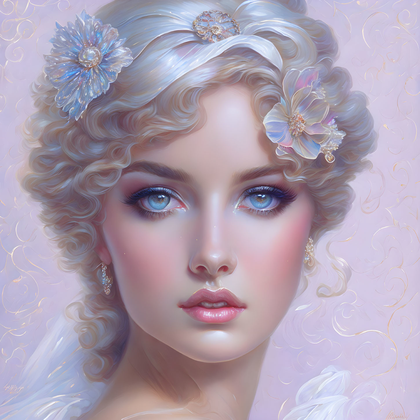 Portrait of Woman with Blue Eyes, Flower Hair Accessories, Makeup, and Curly Blonde Hair