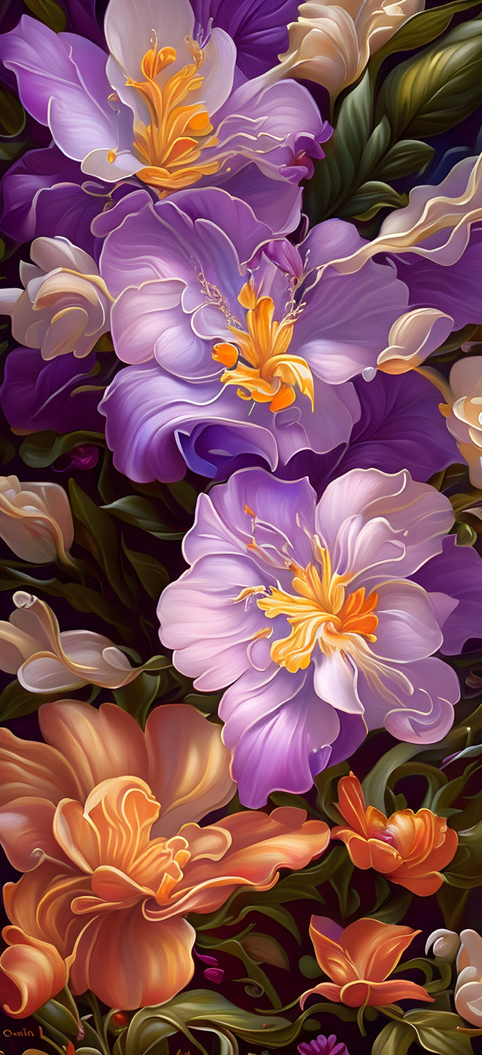 Detailed Illustration of Vibrant Purple and Orange Flowers