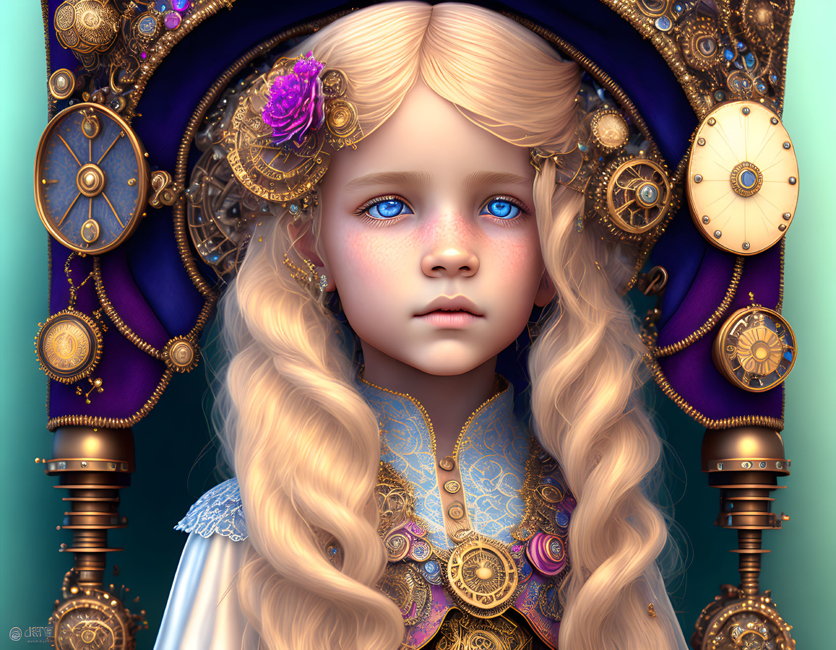 Digital artwork: Young girl with blue eyes, blonde curls, and ornate golden gears headdress.