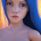 Female character with blue hair and eyes on orange background