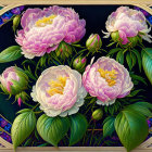 Detailed painting of vibrant pink peonies with green leaves and decorative border.