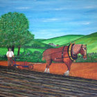 Rural scene: farmer plowing field with chestnut horse under clear sky