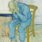 Elderly bearded man in blue robe seated on wooden chair artwork