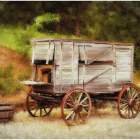 Weathered covered wagon in abandoned field of tall grasses evokes historic American West