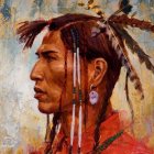 Native American elder with colorful headdress and face paint in vibrant abstract art