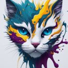 Colorful digital artwork featuring a cat with blue eyes and abstract paint splashes