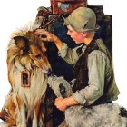 Elderly person and child pet two dogs: large brown and white, smaller with black mask