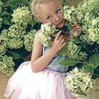 Curly-Haired Child Surrounded by Colorful Flowers in Sunlight