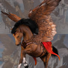 Majestic winged horse illustration with brown feathers and ornate harness