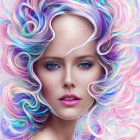 Fair-skinned woman with blue eyes in floral and feather digital art