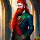 Bearded man in blue-green coat with red beard in ornate hallway