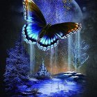 Blue butterflies digital art with sparkling wings on dark background