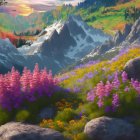 Vibrant Flowers in Alpine Meadow with Snow-Capped Mountains