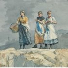 Three women in vintage clothing on rocky shore with sailboat in distance