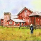 Young boy in green field with barn, outbuilding, and horse grazing