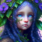 Child with Blue Hair and Leafy Crown Surrounded by Butterflies