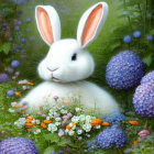 Whimsical digital artwork: White rabbit in colorful garden