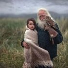 Elderly man with white beard and child in field under overcast skies