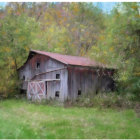 Rustic landscape with barn, horses, carts, cottages in green fields