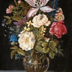 Colorful floral painting with striped vase on dark background.