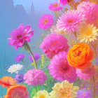 Colorful floral painting with thick brushstrokes on textured blue background