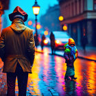 Person in trench coat and hat gazes at child in colorful jacket on rainy city street at dusk.