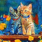 Vibrantly colored stylized cats with green eyes in lush, fantastical setting